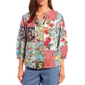 John Mark Patchwork V Neck Top 3/4 Sleeve Embroidered Relaxed Sz S Colorful Boho